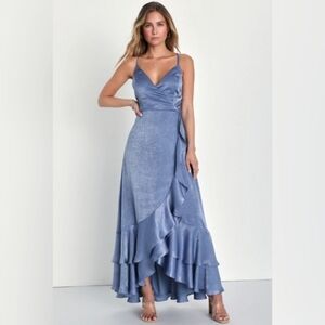 In Love Forever Slate Blue Satin Lace-Up High-Low Maxi Dress